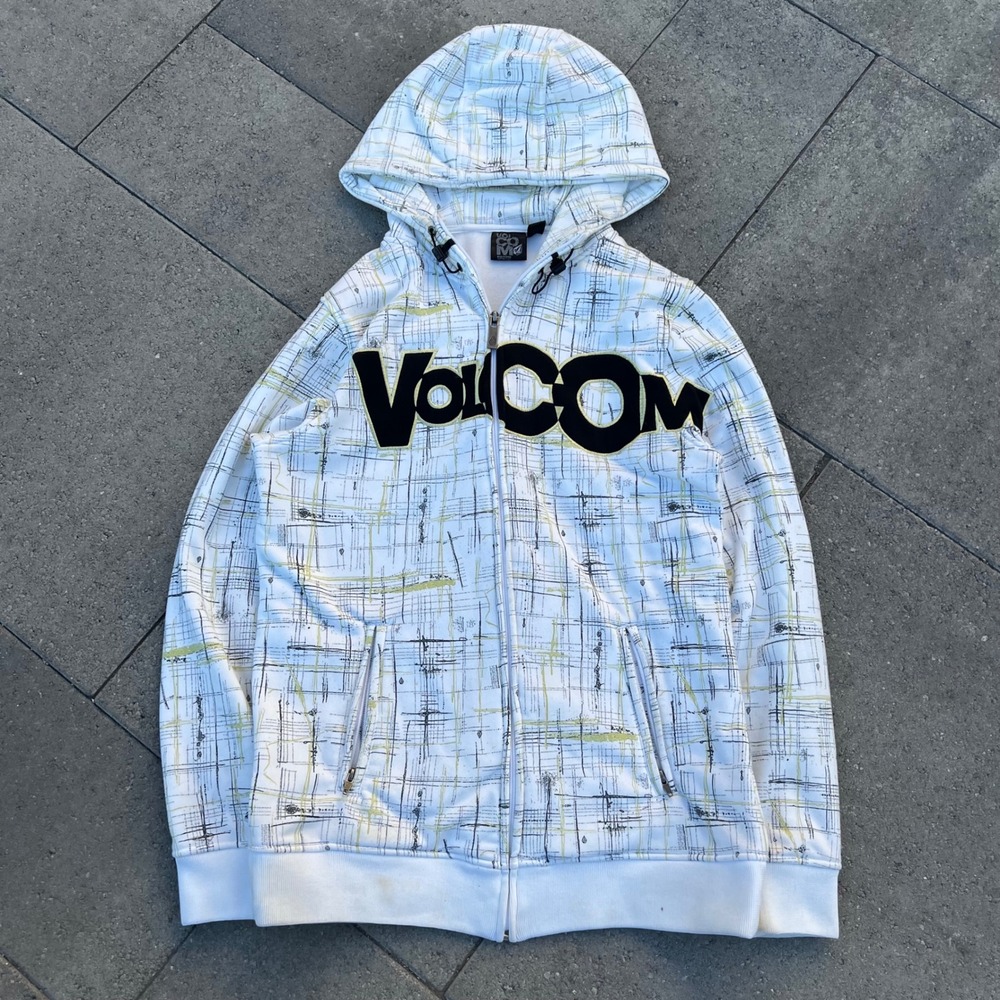 Volcom Mens Large Y2K Full Zip Hoodie White Grid Print Skate Streetwear Logo